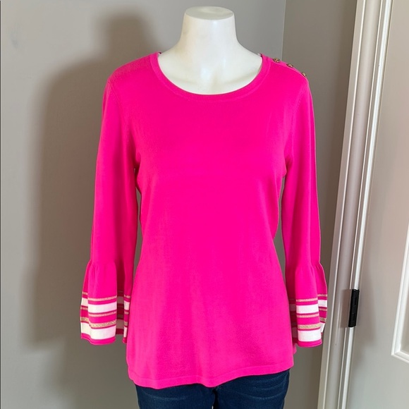 Lilly Pulitzer Callee Sweater Pink Flounce Ruffle Sleeve Gold Buttons Crewneck M - Picture 4 of 13